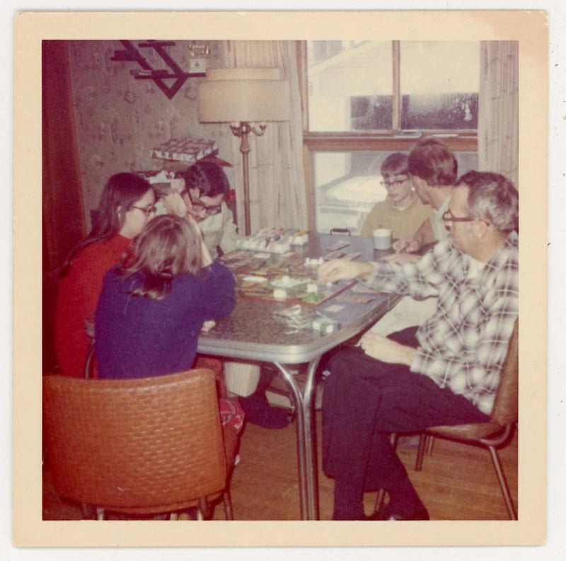 Family Playing the Life Board Game - 1980s Snapshot Photo Interior Scene Model