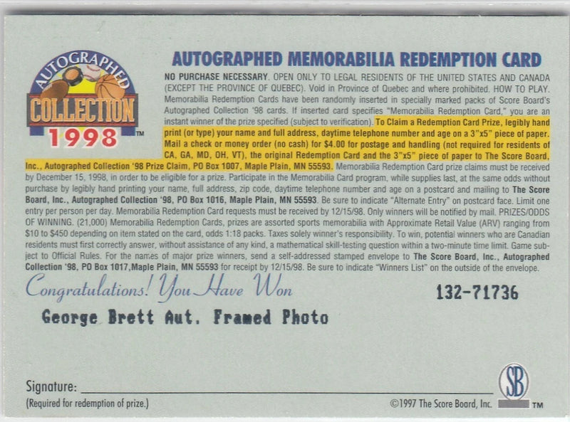 1998 George Brett Score Board Autographed AUTO PHOTO REDEMPTION Unused - Royals Model