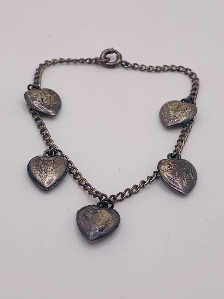 Vintage Marked Sterling Silver Bracelet w/ 5 Puffy Heart Charms Very Tarnished Charms