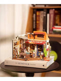 DIY Mini Dollhouse Corner Bookstore Kit LED Wooden Craft Diorama Model