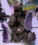 Carved Dragon Sculpture w/ Purple Amethyst Crystal Cluster side Mineral Specimen Model