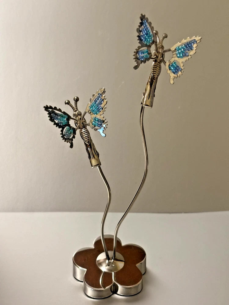 ELSAL Inc Blue Beaded Butterfly Double Photo/Memo/Card Holder Metal Desk Display Model
