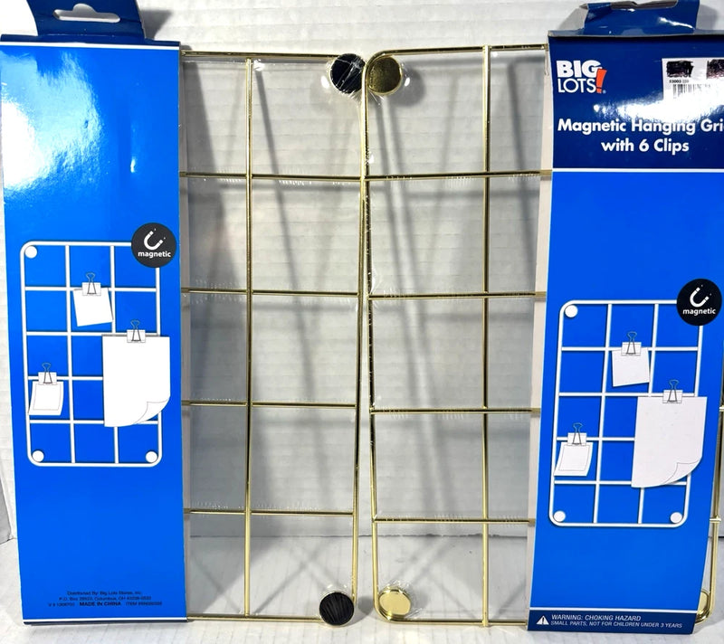 Lot 2 Magnetic Hanging Grid Memo Board w/6 Clips Gold Notes Photos Locker 10"x6" Model