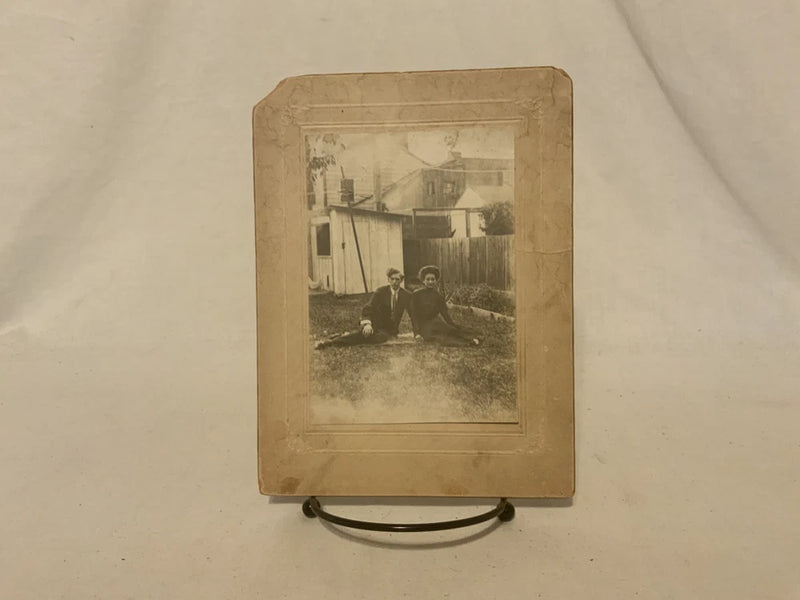 Antique Photo on Board Man Woman Sitting Outside Shed Houses Model