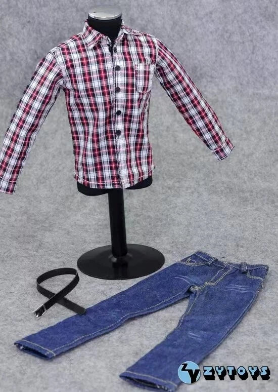(ONLY CLOTHES) 1/6 Scale Male Soldier Plaid Shirt+ Jeans Model for 12'' Figure Model