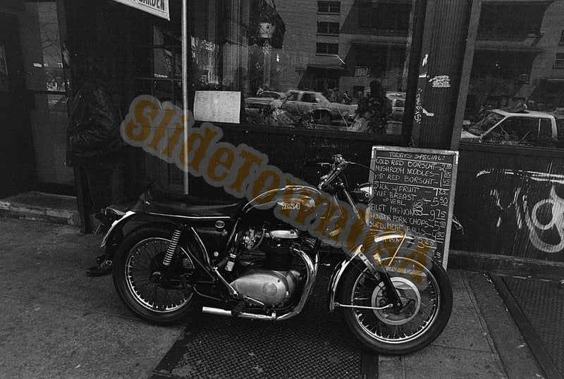 Vtg 35mm Negative Vtg Bsa Motorcycle Parked City Street Menu Board 1970s M-986 Model