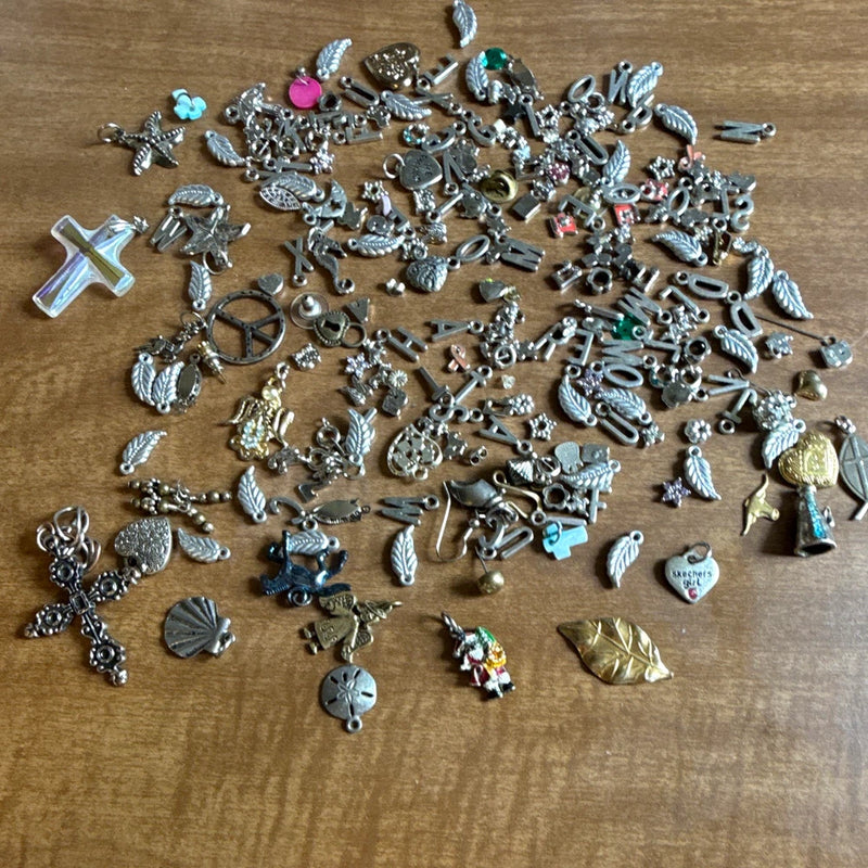 Mixed Metal Charm Lot Silver  Tone Wings Letters Hearts Crosses Leaves Pendants Charms