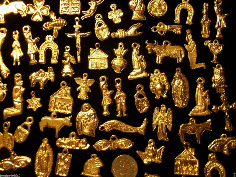 100 Milagro Charms Mexican Folk Art GOLD Good Luck Miracle Lot Charms