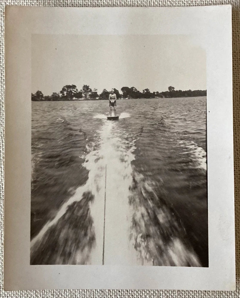 Vtg Photo Water Surf Board Behind Boat Crystal Lake Ill Skiing B&W 4.75" x 3.75" Model