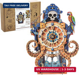 3D Wooden Octopus Pirate Puzzle Clock - Mechanical Model Kit with Anchor Pendulu Model