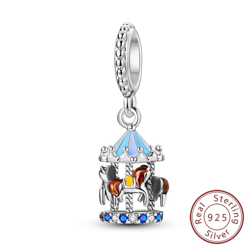 MULA 925 Sterling Silver DIY Charm CZ Enamel Blue Carousel For Women Bracelet Charms