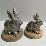 Pair Silver Metal Rabbit Bunny Figurines on Wood Bases Made in India 5.5¡± 4.5¡± Model