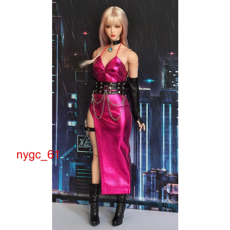 1/6 Motorcycle Pink  long dress belt Clothes For 12" Female Action Figure Body Model