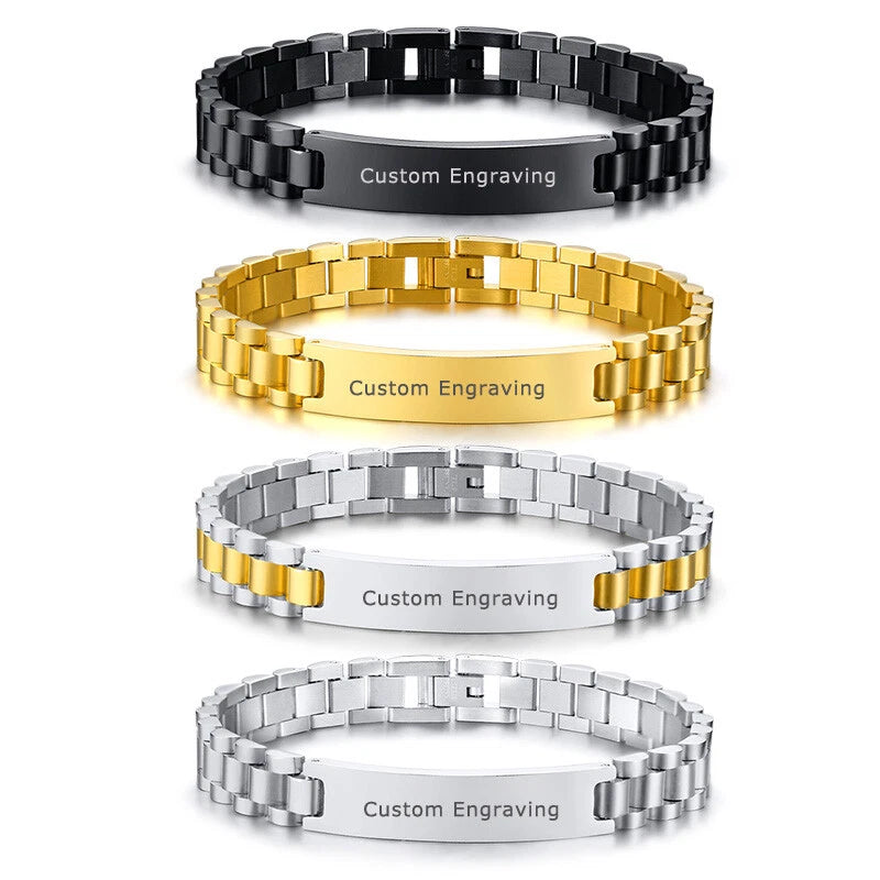 Men Women Couple Matching Bracelet Stainless Steel Chain Customized ID Engraving Charms