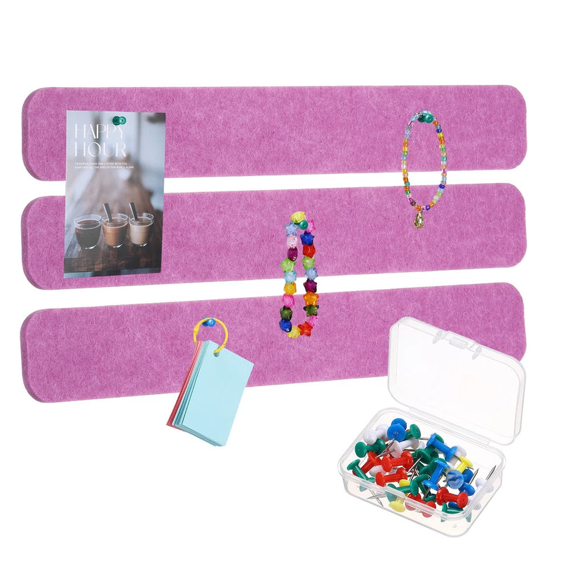 3Pcs Self-Adhesive Felt Bulletin Board Bar Strip with Push Pins, Rose Model