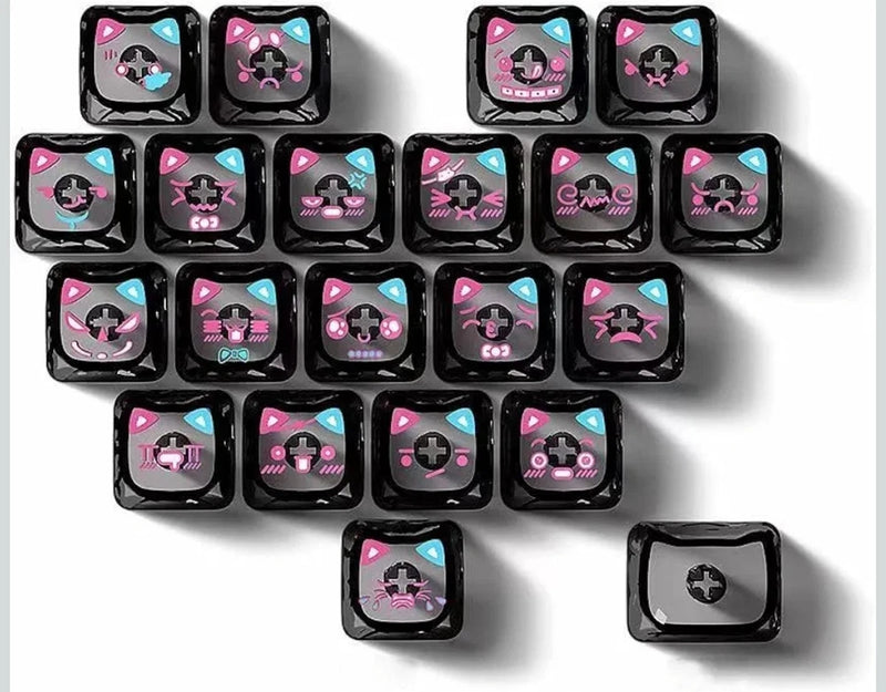 21 Keys Cute Cat Heart-Shaped Transparent Keycaps, PC Material Crystal Backlit P Model