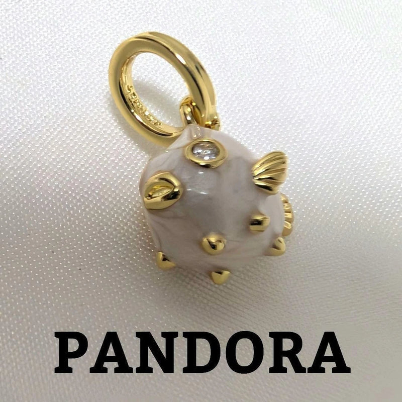 PANDORA Baroque Pearl Pufferfish Dangle Charm Gold Tone Charms