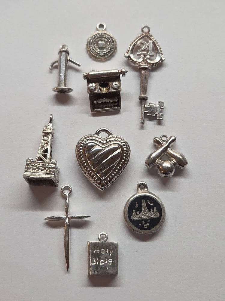 Sterling Silver ~ Lot Of 10 ~ ALL 10 CHARMS ~ 15 Grams ~ VINTAGE Charms