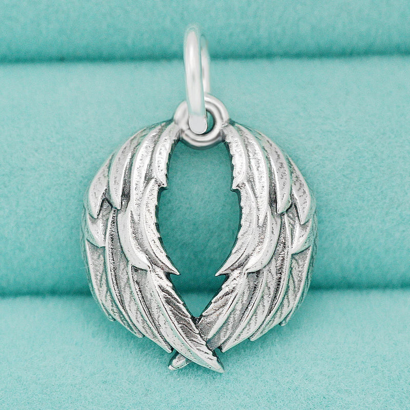 925 Sterling Silver Double Angel Wings Pendant Charm Heart Shaped Guardian Wing Charms