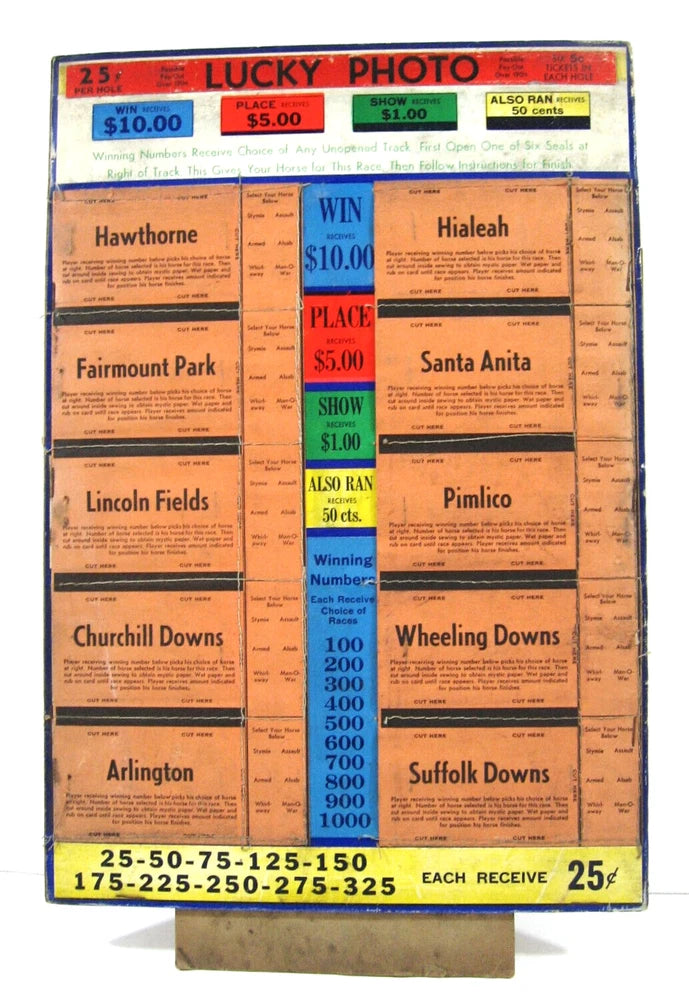 Vintage Lucky Photo Early Horse Racing 25ct Punch Prize Board Gambling Old Stock Model