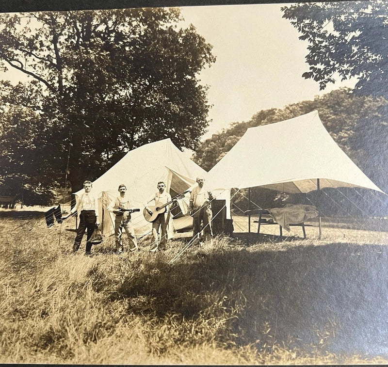 Photo on Board, Men,Tents,Fishing Instruments, Cigar,by Channelli Spring City PA Model