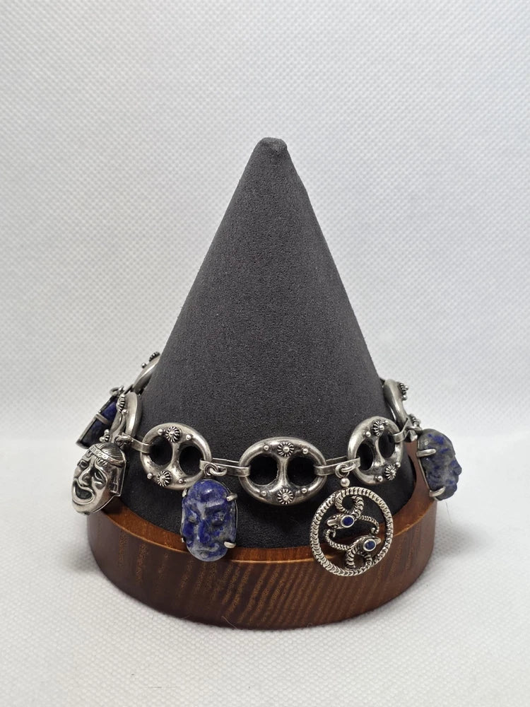 Italian Etruscan Revival 800 Silver Fob Charm Bracelet Size 7.5" 28.6gr Lapis Charms