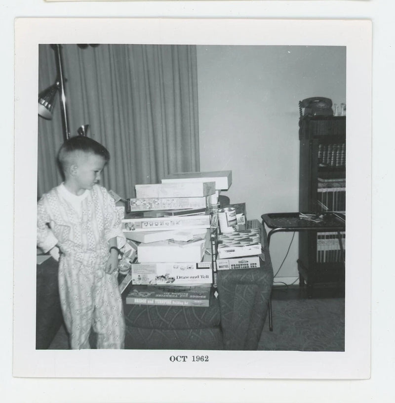 Vintage Photo Little Boy Takes Pick Of Board Games Draw & Tell Frontier Set 1962 Model