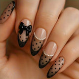 Almond Press On Nails 24pc Black Bow Pearl Dots French Tip Reusable Nail Kit DIY Model