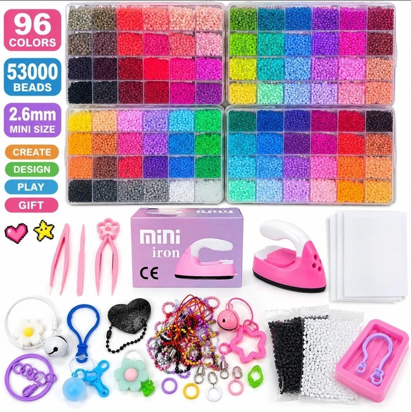 96 Colors 53000 Fuse Beads Kit with Iron 2.6mm Fuse Bead Mini Iron Keychain... Model