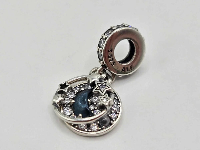 Authentic Pandora Charm Blue Night Sky Crescent Moon & Stars Dangle Charms
