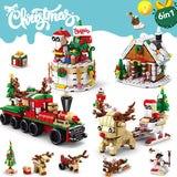 MOC 6-in-1 Christmas Santa Deer Train House Building Block Model Kit Toy Gift Model