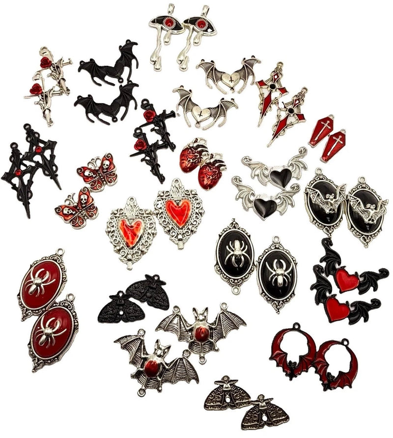 40 Piece Mixed Lot Gothic Halloween Jewelry Charms Craft Lot Bats Spiders Hearts Charms