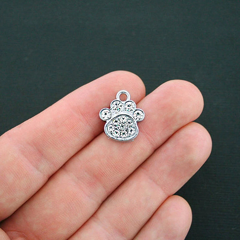 2 Dog Paw Charms Antique Silver Tone With 12 Inset Rhinestones - SC3517 Charms