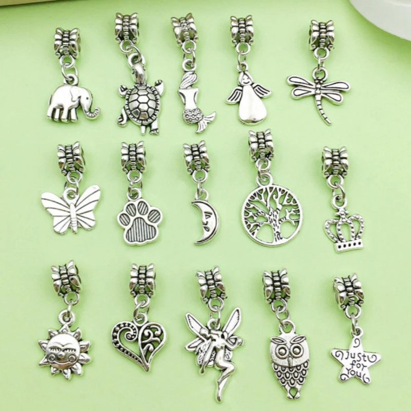 BULK 30Pcs Dangle Charms Big Hole DIY Jewelry Making Pendants Antique Silver Charms