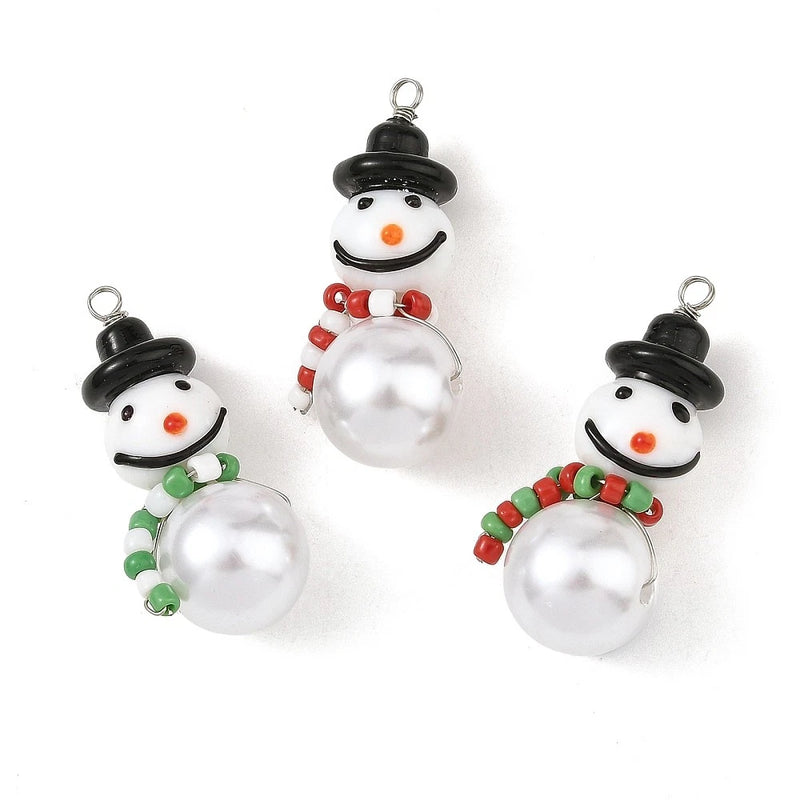 20pcs Snowman Lampwork Glass Charms Beaded Pendant for Xmas Jewelry Necklace DIY Charms