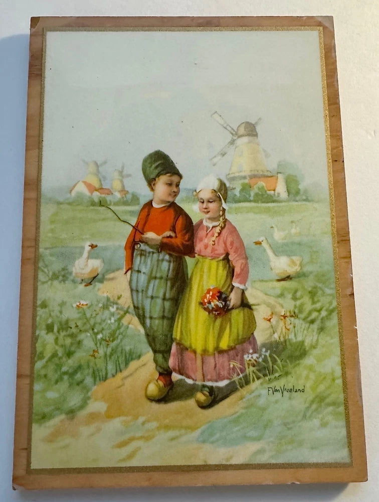 VINTAGE - F. Van Vreeland Dutch Boy & Girl Print Picture on Wood Board Model