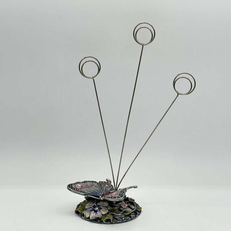 Enameled Metal & Rhinestone BUTTERFLY & FLOWERS Desktop Note Picture Holder Model