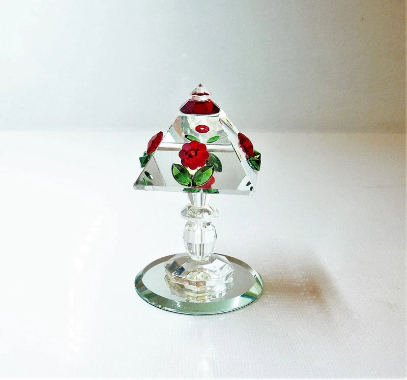 Vintage Miniature Tiffany Crystal Rose Floral Lamp Figurine ~ w/Display Mirror Model