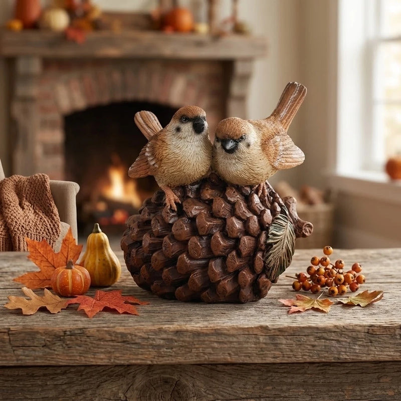 Autumn Pinecone & Songbirds Figurine 5" - Woodland Bird Fall Tabletop Accent Model