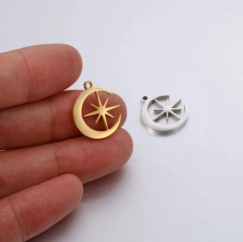 10pcs Stainless Steel Polished Moon Star Pendant Charms diy Jewelry Making Craft Charms