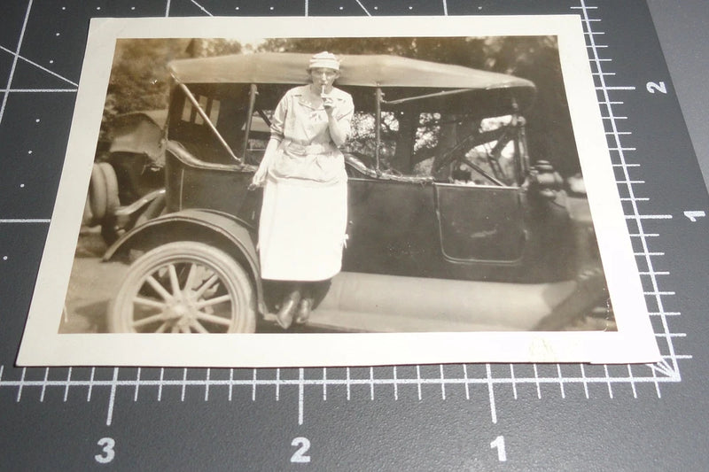Woman Sucks on CANDY SUCKER Stands on Running Board Car Automobile Vintage PHOTO Model