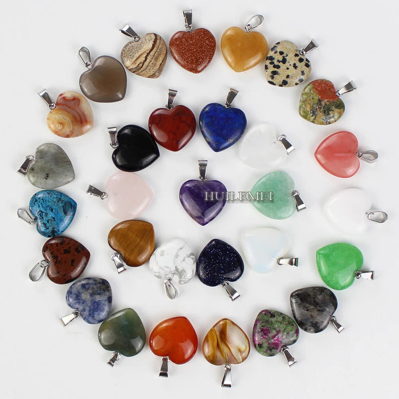 20pcs/lot Mixed Natural Stone Gemstone Heart Pendant Beads Reiki Chakra Healing Charms