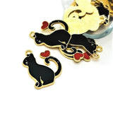 Black Enamel Cat with Heart Charms, 25x20mm - US Seller Charms