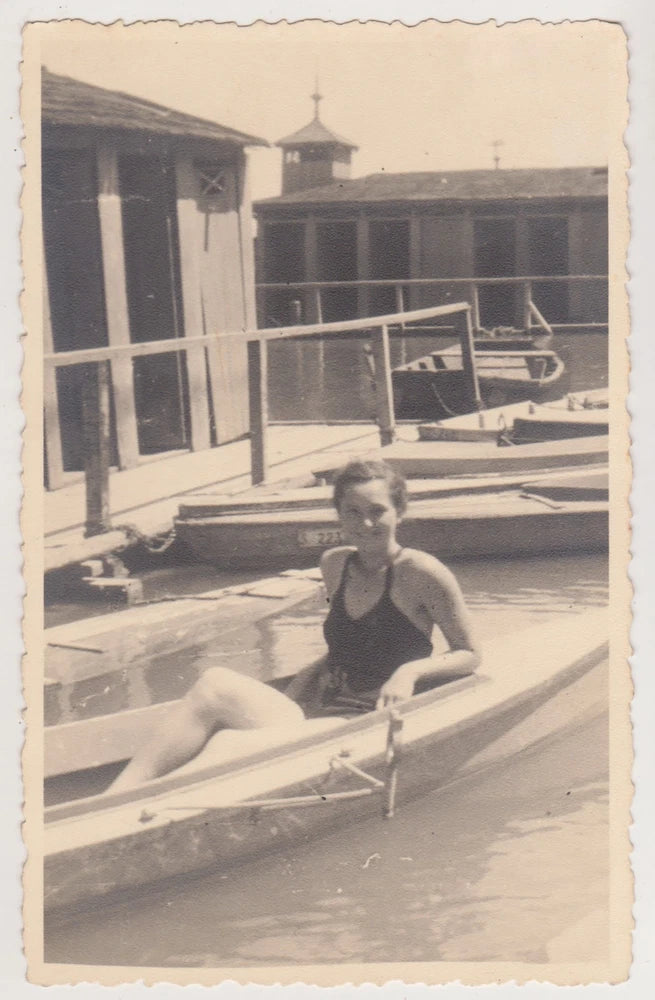 Swimsuit Woman Reclining On Diving Board Poolside Summer Beauty Vintage Photo Model