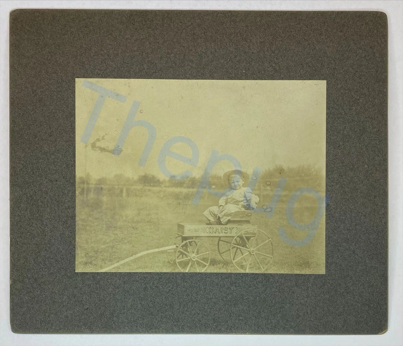 Antique Photo on Board Adorable Little Girl in Daisy Wagon Wooden Wood SMALL Model