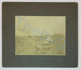 Antique Photo on Board Adorable Little Girl in Daisy Wagon Wooden Wood SMALL Model