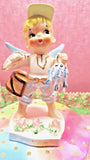 Vtg Lefton August BOY FISHERMAN Angel holds Fish Wearing Ball Cap Fishing Basket Model