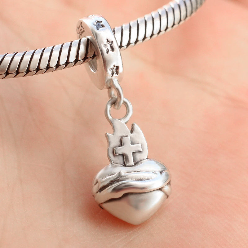 Solid 3D Sacred Heart Charm Antique Catholic In 925 Sterling Silver For Bracelet Charms