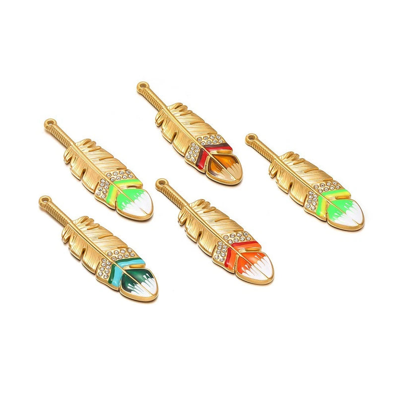 5pcs 18k Gold Plated Stainless Steel Feather Pendant diy Jewelry Making Crafts Charms