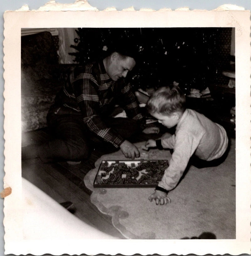 Vintage 1953 Photograph Father & Son Playing Board Game Christmas Tree Holiday Model